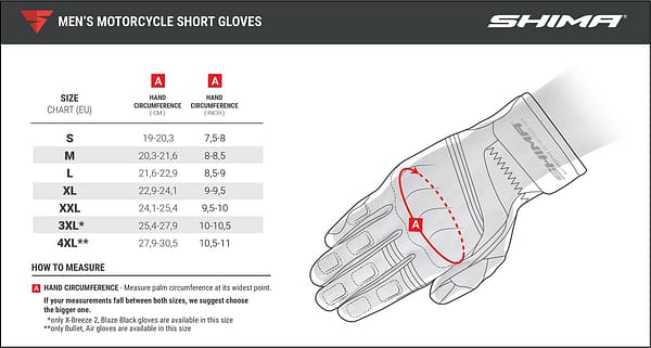 Shima Blaze Riding Gloves Size chart