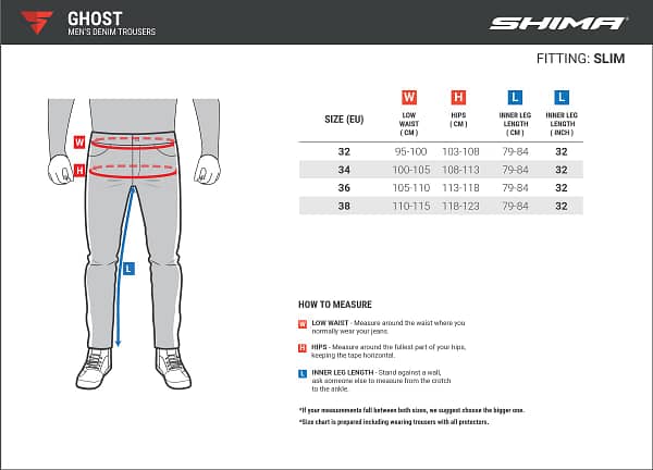 Shima Ghost Riding Jeans sizing chart